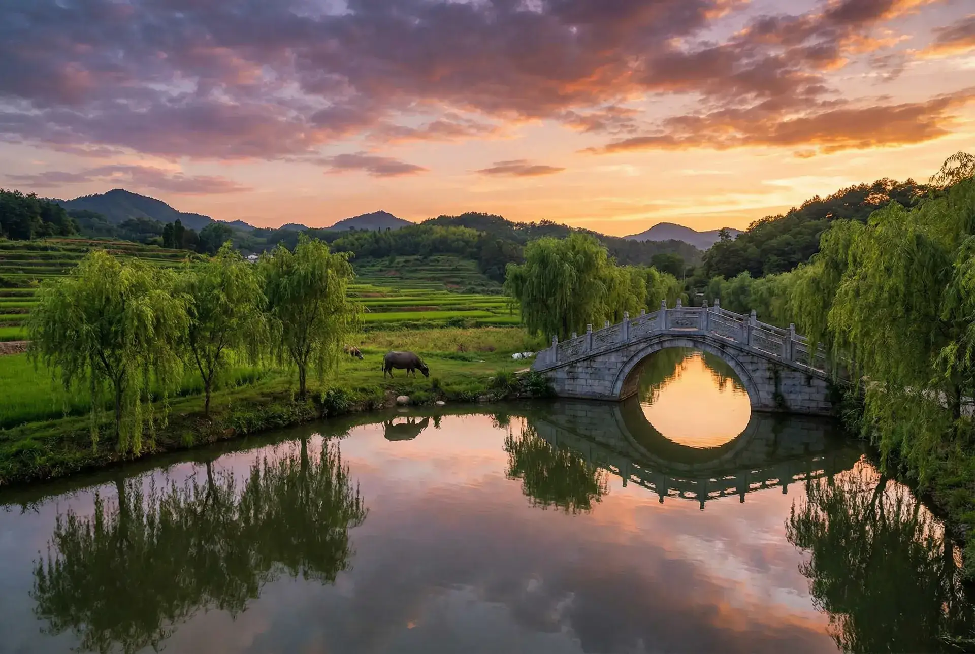 夕阳下的石拱桥与垂柳，水牛在河边吃草 - 八卦宗师高清完整版 乡村美景